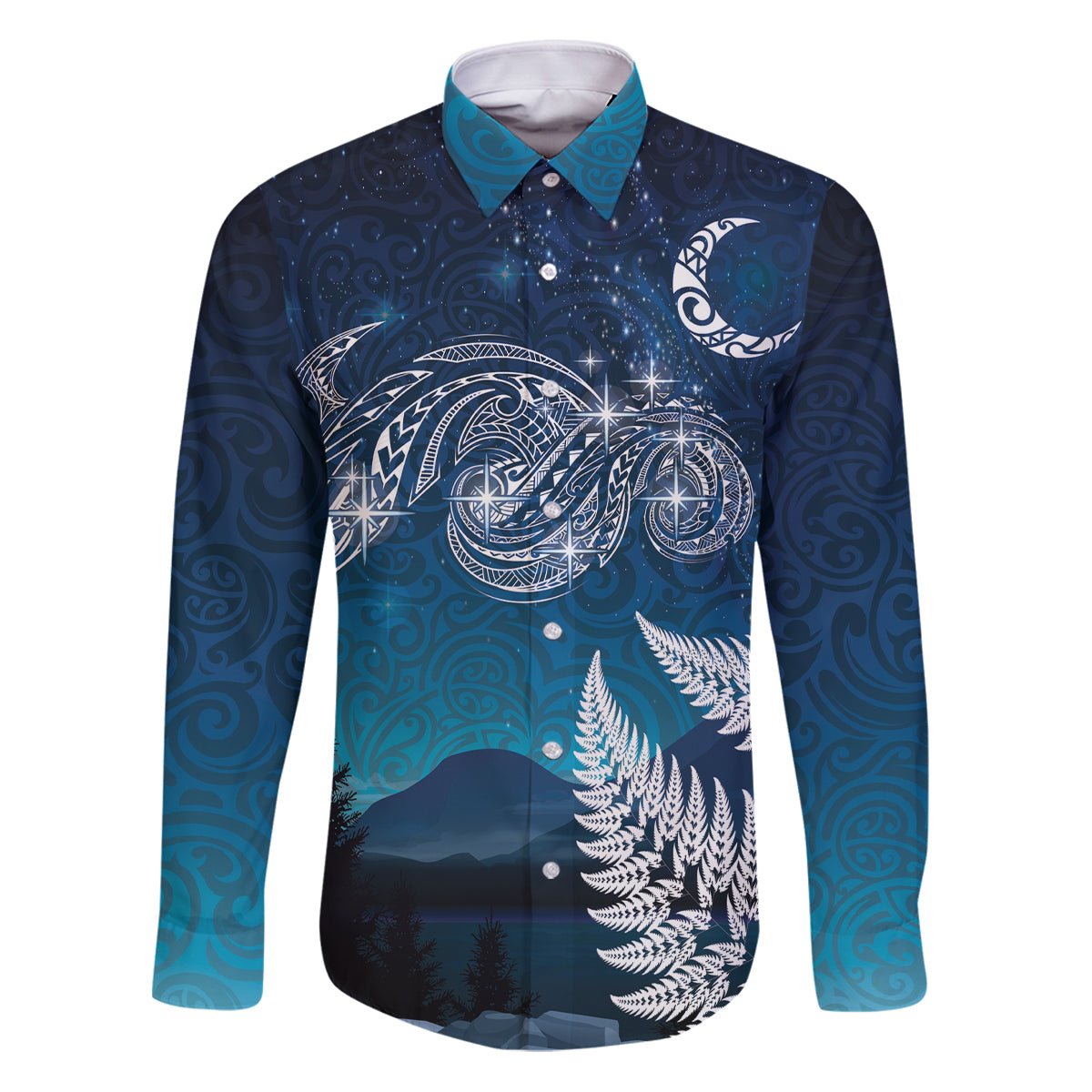 New Zealand Matariki Family Matching Puletasi and Hawaiian Shirt Starry Night Style LT7 Dad's Shirt - Long Sleeve Navy - Polynesian Pride