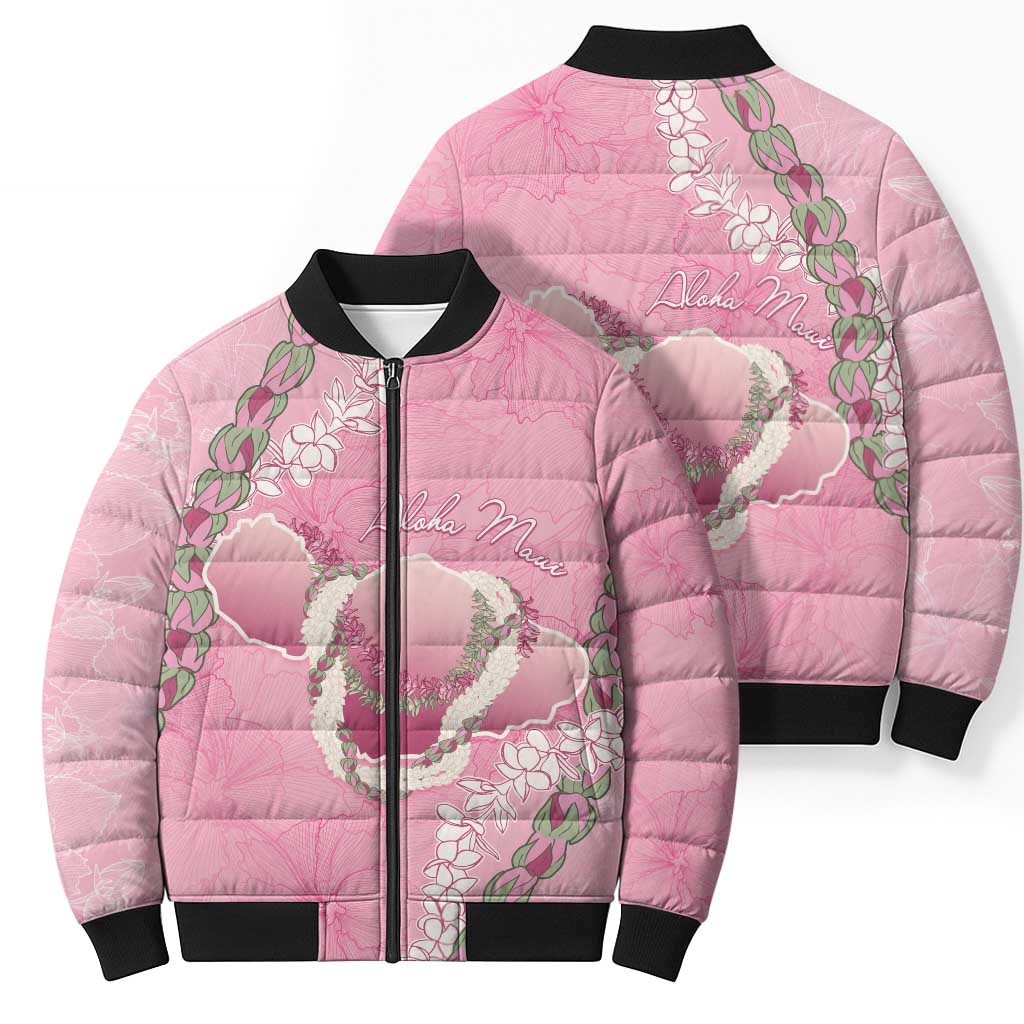 Hawaii Maui Island Flowers Lei Bomber Puffer Jacket Lokelani Rose Pink