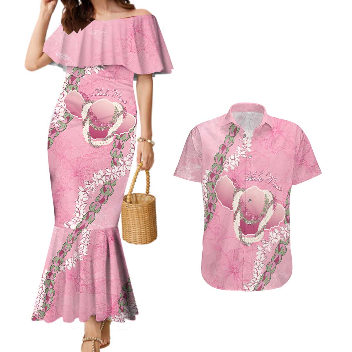 Hawaii Maui Island Flowers Lei Couples Matching Mermaid Dress and Hawaiian Shirt Lokelani Rose Pink