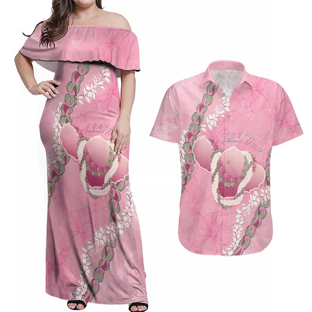 Hawaii Maui Island Flowers Lei Couples Matching Off Shoulder Maxi Dress and Hawaiian Shirt Lokelani Rose Pink LT7 Pink - Polynesian Pride