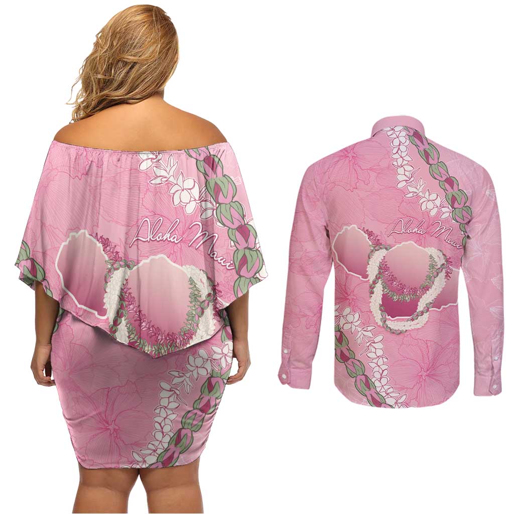 Hawaii Maui Island Flowers Lei Couples Matching Off Shoulder Short Dress and Long Sleeve Button Shirt Lokelani Rose Pink