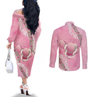 Hawaii Maui Island Flowers Lei Couples Matching Off The Shoulder Long Sleeve Dress and Long Sleeve Button Shirt Lokelani Rose Pink