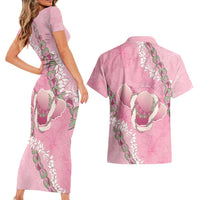 Hawaii Maui Island Flowers Lei Couples Matching Short Sleeve Bodycon Dress and Hawaiian Shirt Lokelani Rose Pink LT7 - Polynesian Pride