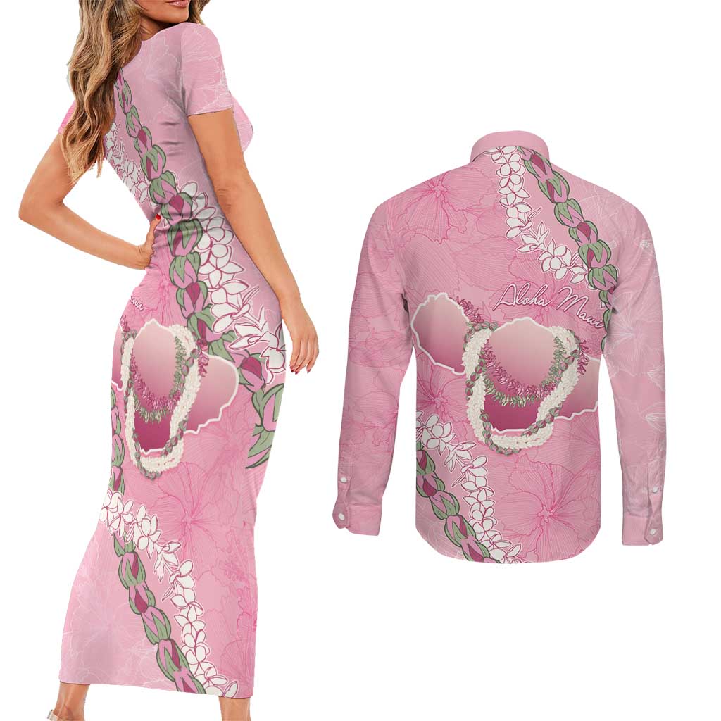 Hawaii Maui Island Flowers Lei Couples Matching Short Sleeve Bodycon Dress and Long Sleeve Button Shirt Lokelani Rose Pink