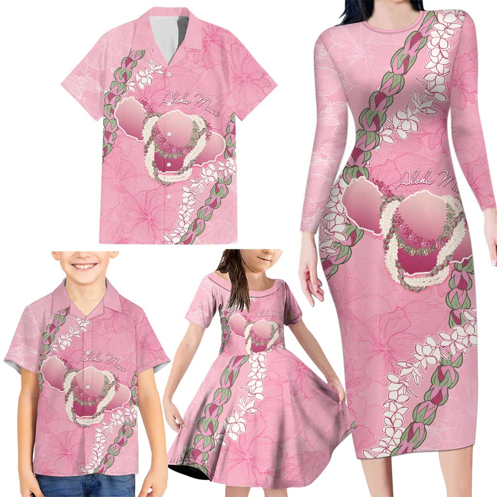Hawaii Maui Island Flowers Lei Family Matching Long Sleeve Bodycon Dress and Hawaiian Shirt Lokelani Rose Pink LT7 - Polynesian Pride