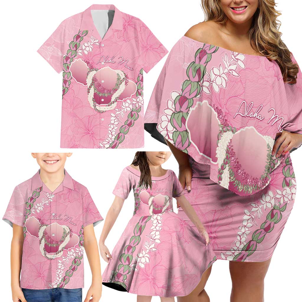 Hawaii Maui Island Flowers Lei Family Matching Off Shoulder Short Dress and Hawaiian Shirt Lokelani Rose Pink LT7 - Polynesian Pride