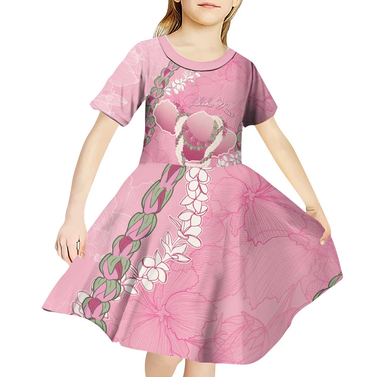Hawaii Maui Island Flowers Lei Kid Short Sleeve Dress Lokelani Rose Pink