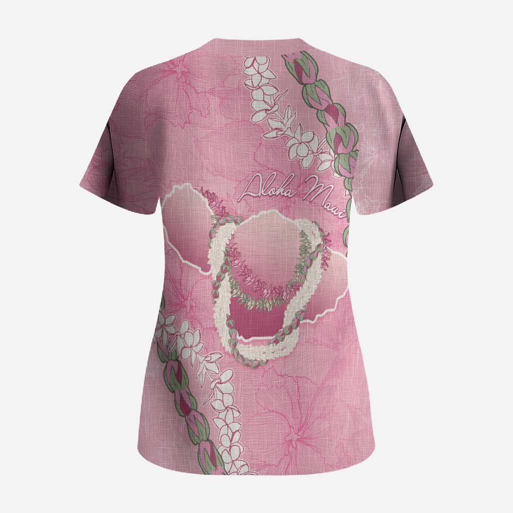 Hawaii Maui Island Flowers Lei Scrub Top Lokelani Rose Pink