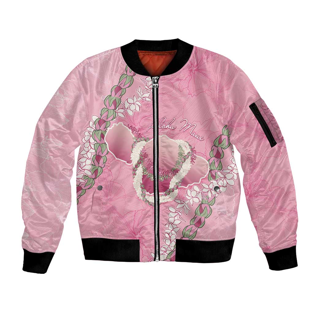 Hawaii Maui Island Flowers Lei Sleeve Zip Bomber Jacket Lokelani Rose Pink