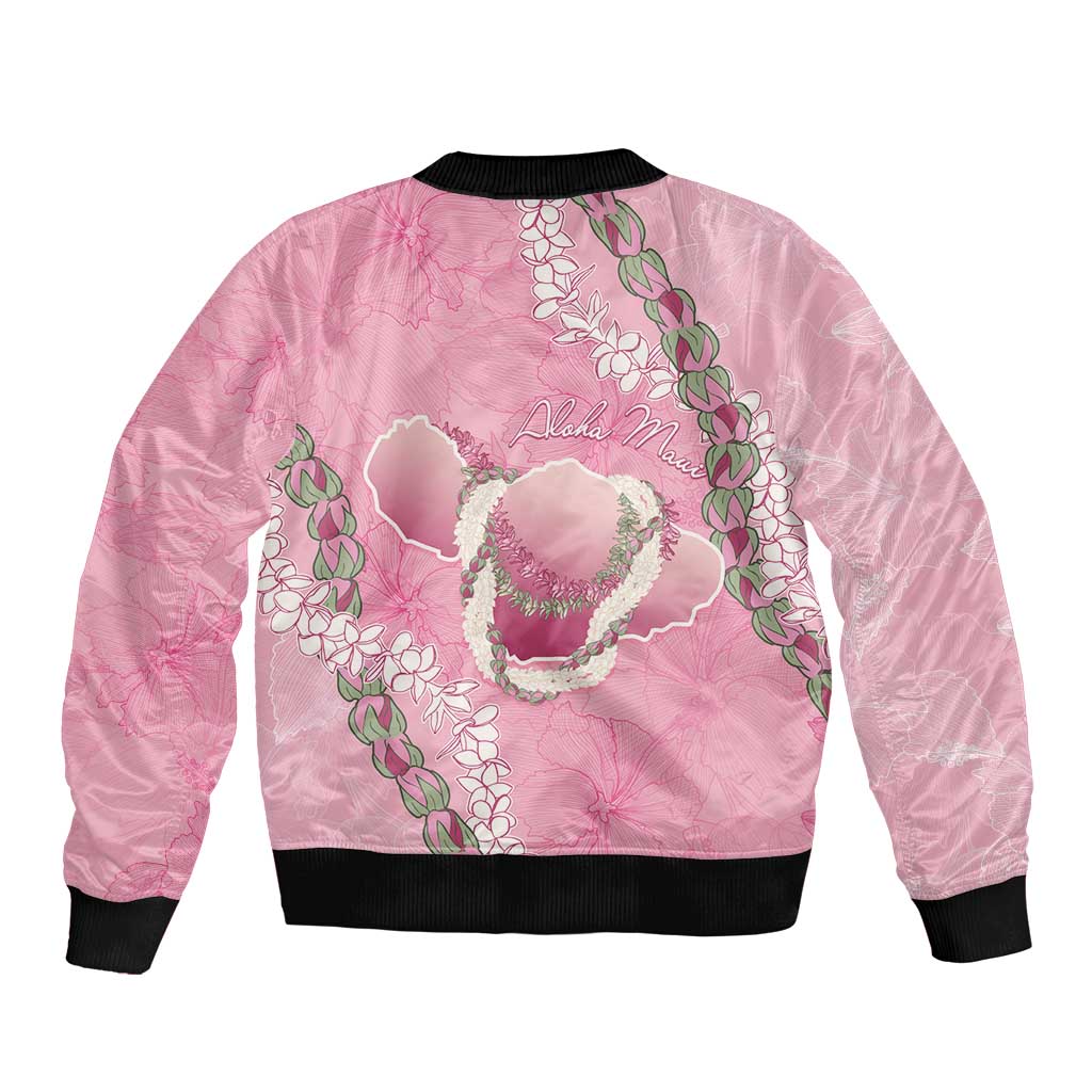 Hawaii Maui Island Flowers Lei Sleeve Zip Bomber Jacket Lokelani Rose Pink