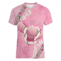 Hawaii Maui Island Flowers Lei Women V-Neck T-Shirt Lokelani Rose Pink LT7 Female Pink - Polynesian Pride