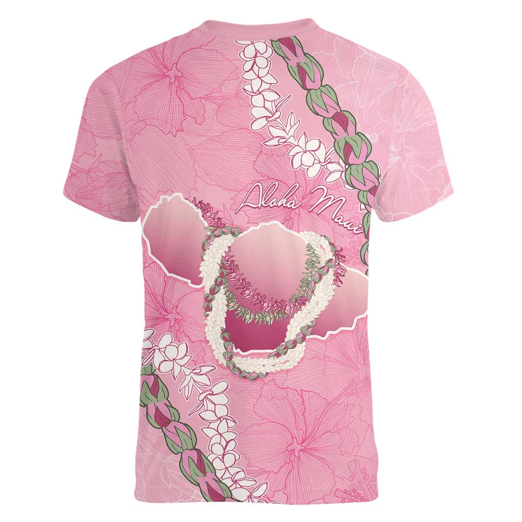 Hawaii Maui Island Flowers Lei Women V-Neck T-Shirt Lokelani Rose Pink LT7 - Polynesian Pride