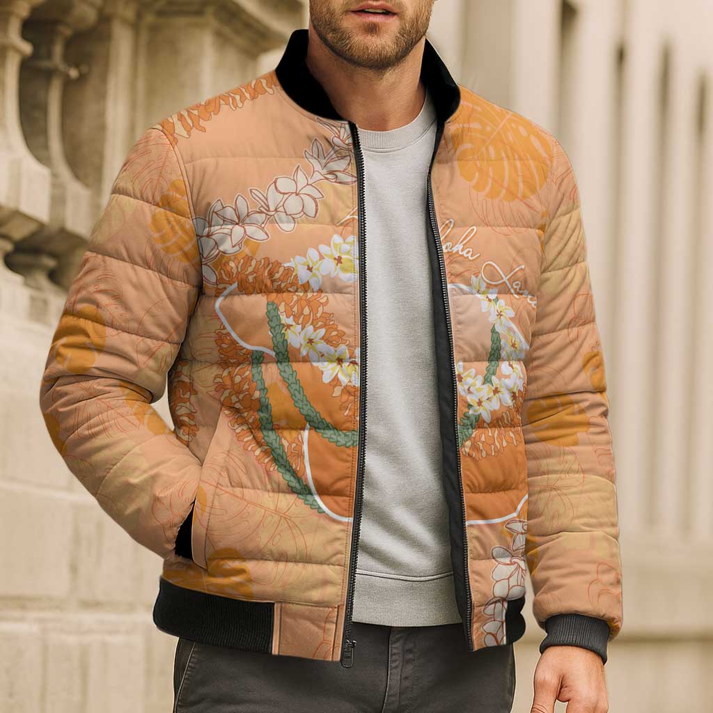Hawaii Lanai Island Flowers Lei Bomber Puffer Jacket Orange Kaunaoa Mix Maile