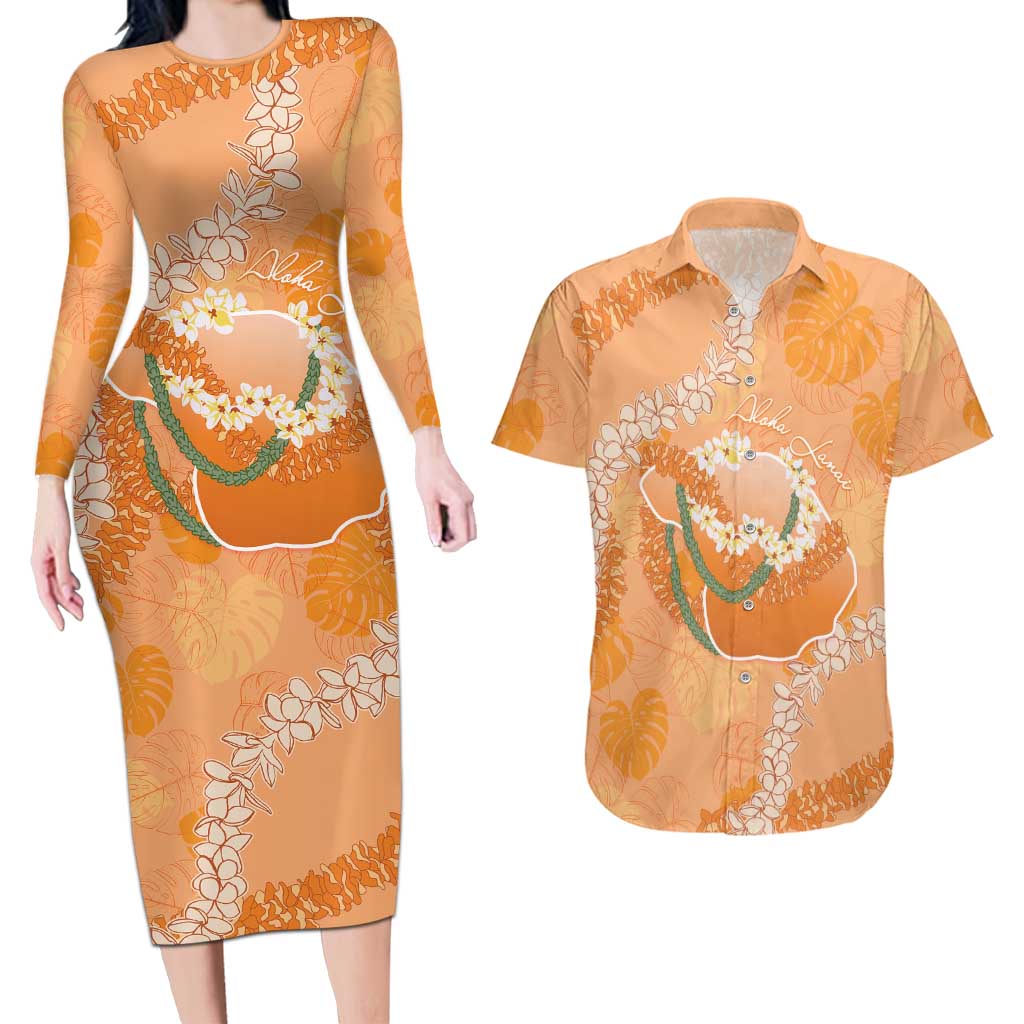 Hawaii Lanai Island Flowers Lei Couples Matching Long Sleeve Bodycon Dress and Hawaiian Shirt Orange Kaunaoa Mix Maile