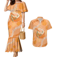 Hawaii Lanai Island Flowers Lei Couples Matching Mermaid Dress and Hawaiian Shirt Orange Kaunaoa Mix Maile LT7 Orange - Polynesian Pride