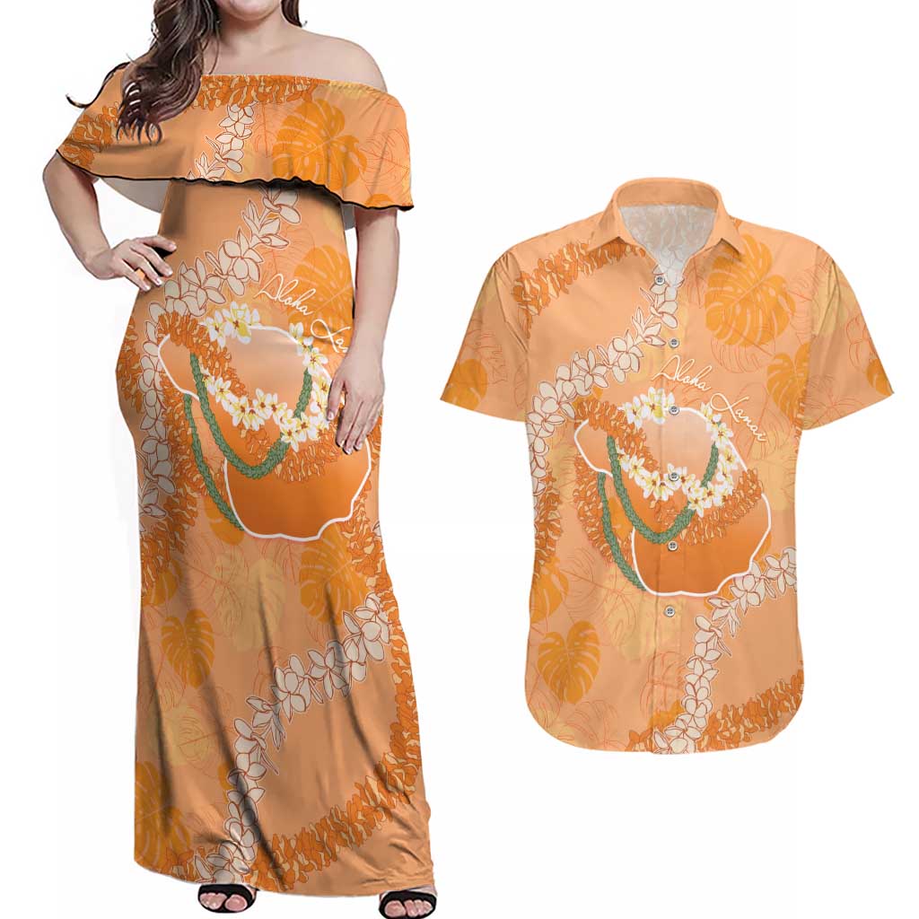 Hawaii Lanai Island Flowers Lei Couples Matching Off Shoulder Maxi Dress and Hawaiian Shirt Orange Kaunaoa Mix Maile LT7 Orange - Polynesian Pride