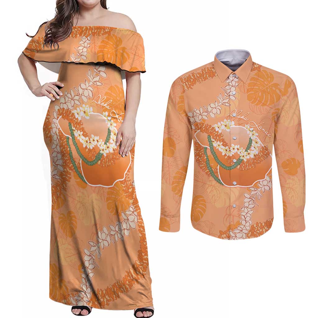 Hawaii Lanai Island Flowers Lei Couples Matching Off Shoulder Maxi Dress and Long Sleeve Button Shirt Orange Kaunaoa Mix Maile