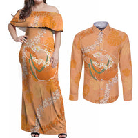 Hawaii Lanai Island Flowers Lei Couples Matching Off Shoulder Maxi Dress and Long Sleeve Button Shirt Orange Kaunaoa Mix Maile