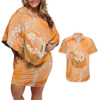Hawaii Lanai Island Flowers Lei Couples Matching Off Shoulder Short Dress and Hawaiian Shirt Orange Kaunaoa Mix Maile LT7 Orange - Polynesian Pride