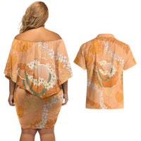 Hawaii Lanai Island Flowers Lei Couples Matching Off Shoulder Short Dress and Hawaiian Shirt Orange Kaunaoa Mix Maile LT7 - Polynesian Pride