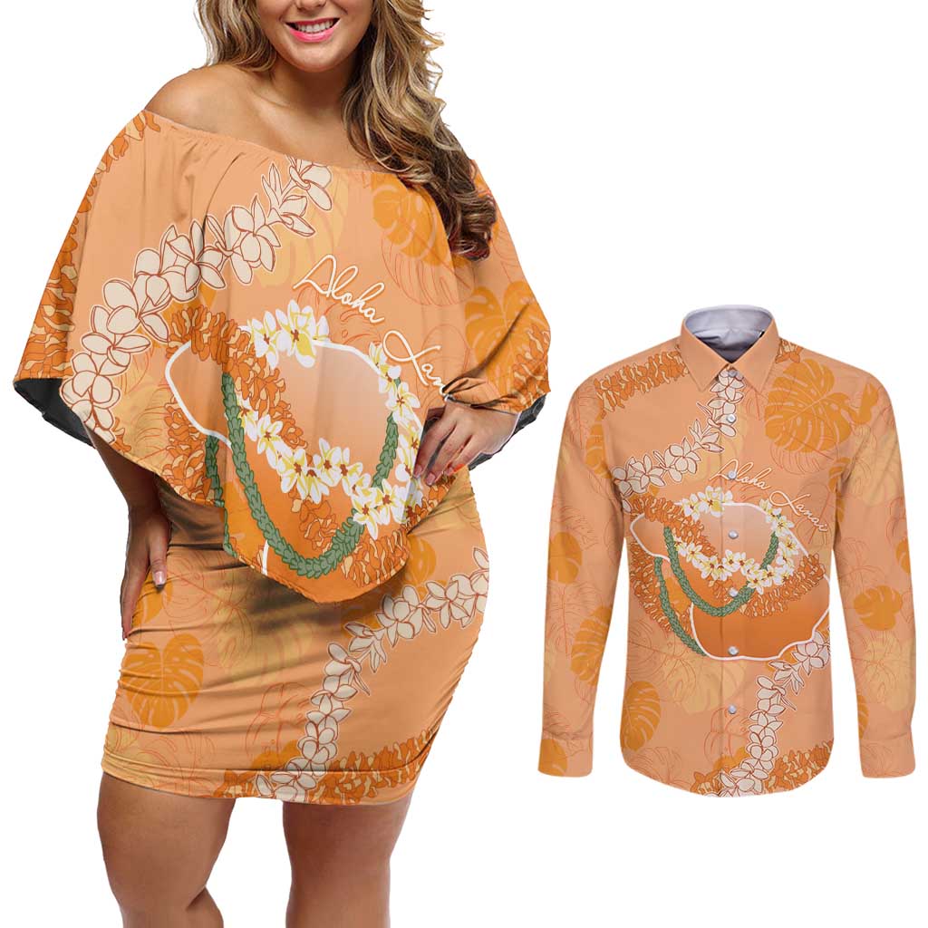 Hawaii Lanai Island Flowers Lei Couples Matching Off Shoulder Short Dress and Long Sleeve Button Shirt Orange Kaunaoa Mix Maile LT7 Orange - Polynesian Pride