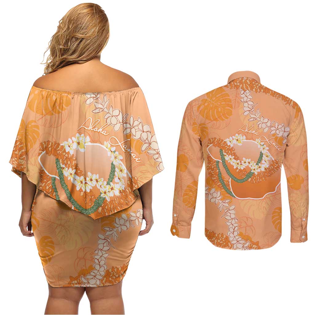 Hawaii Lanai Island Flowers Lei Couples Matching Off Shoulder Short Dress and Long Sleeve Button Shirt Orange Kaunaoa Mix Maile LT7 - Polynesian Pride