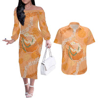 Hawaii Lanai Island Flowers Lei Couples Matching Off The Shoulder Long Sleeve Dress and Hawaiian Shirt Orange Kaunaoa Mix Maile LT7 Orange - Polynesian Pride