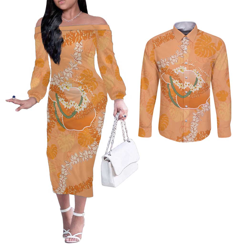 Hawaii Lanai Island Flowers Lei Couples Matching Off The Shoulder Long Sleeve Dress and Long Sleeve Button Shirt Orange Kaunaoa Mix Maile LT7 Orange - Polynesian Pride