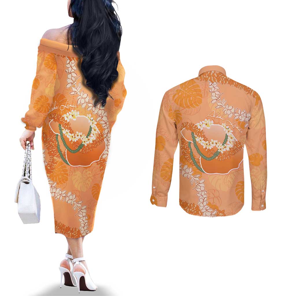 Hawaii Lanai Island Flowers Lei Couples Matching Off The Shoulder Long Sleeve Dress and Long Sleeve Button Shirt Orange Kaunaoa Mix Maile LT7 - Polynesian Pride