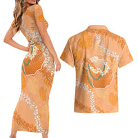 Hawaii Lanai Island Flowers Lei Couples Matching Short Sleeve Bodycon Dress and Hawaiian Shirt Orange Kaunaoa Mix Maile LT7 - Polynesian Pride