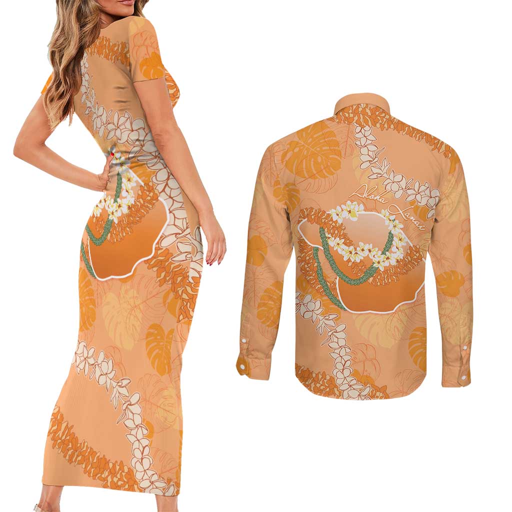 Hawaii Lanai Island Flowers Lei Couples Matching Short Sleeve Bodycon Dress and Long Sleeve Button Shirt Orange Kaunaoa Mix Maile LT7 - Polynesian Pride