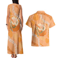 Hawaii Lanai Island Flowers Lei Couples Matching Tank Maxi Dress and Hawaiian Shirt Orange Kaunaoa Mix Maile LT7 - Polynesian Pride