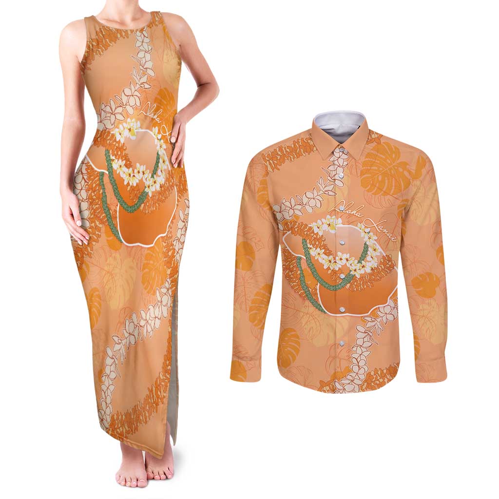 Hawaii Lanai Island Flowers Lei Couples Matching Tank Maxi Dress and Long Sleeve Button Shirt Orange Kaunaoa Mix Maile