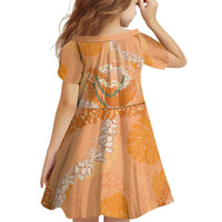 Hawaii Lanai Island Flowers Lei Family Matching Long Sleeve Bodycon Dress and Hawaiian Shirt Orange Kaunaoa Mix Maile LT7 - Polynesian Pride