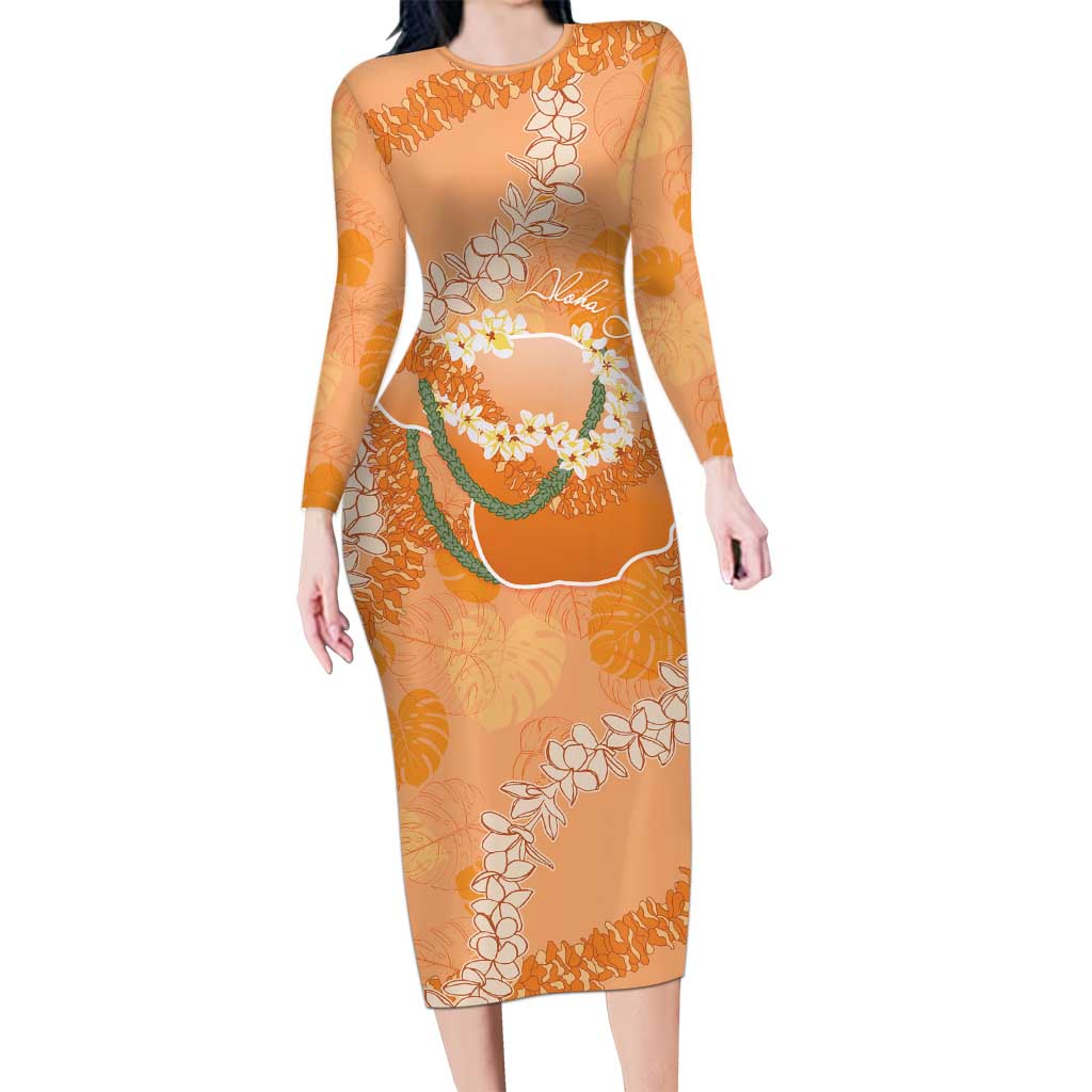 Hawaii Lanai Island Flowers Lei Family Matching Long Sleeve Bodycon Dress and Hawaiian Shirt Orange Kaunaoa Mix Maile LT7 Mom's Dress Orange - Polynesian Pride