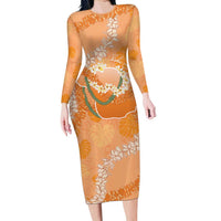 Hawaii Lanai Island Flowers Lei Family Matching Long Sleeve Bodycon Dress and Hawaiian Shirt Orange Kaunaoa Mix Maile LT7 Mom's Dress Orange - Polynesian Pride