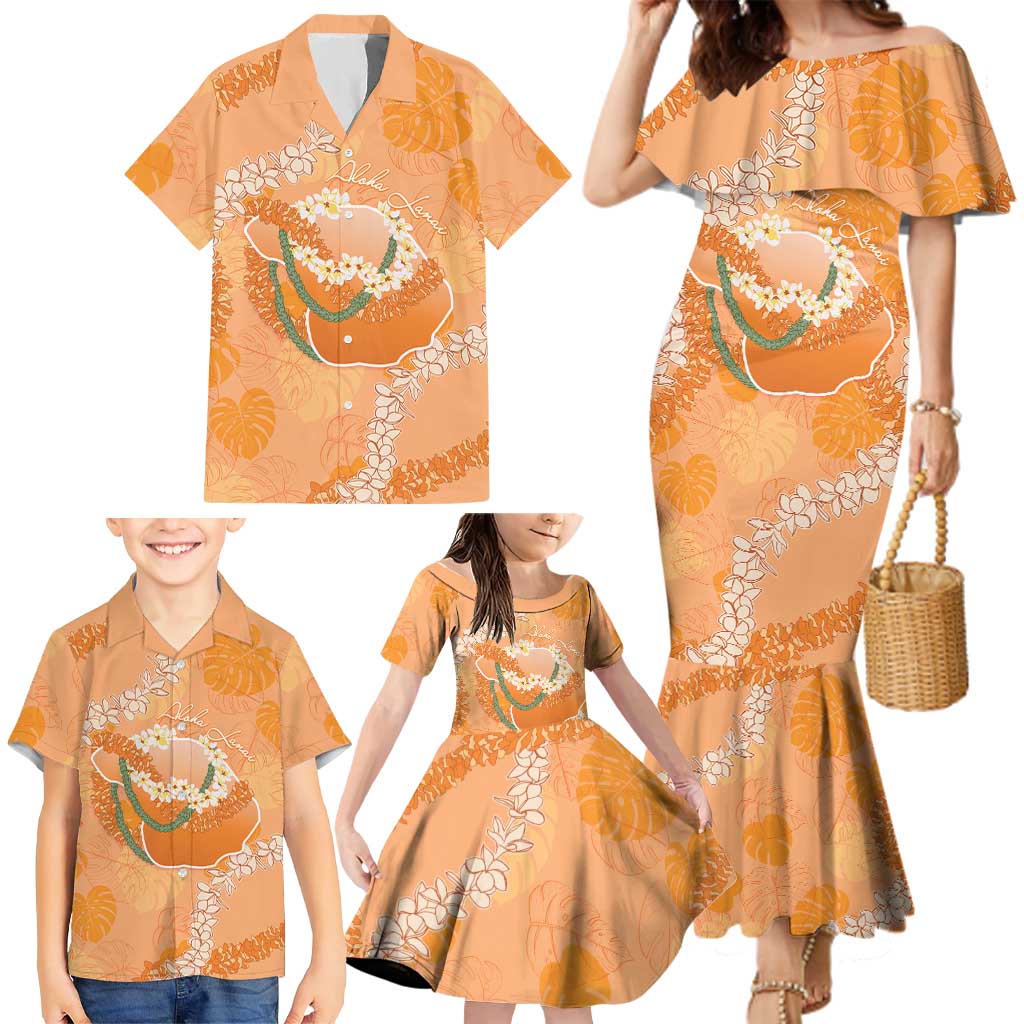 Hawaii Lanai Island Flowers Lei Family Matching Mermaid Dress and Hawaiian Shirt Orange Kaunaoa Mix Maile LT7 - Polynesian Pride