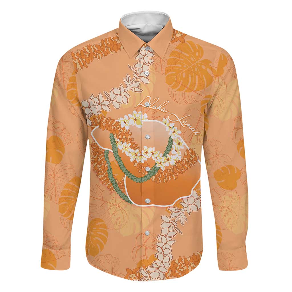 Hawaii Lanai Island Flowers Lei Family Matching Mermaid Dress and Hawaiian Shirt Orange Kaunaoa Mix Maile LT7 Dad's Shirt - Long Sleeve Orange - Polynesian Pride