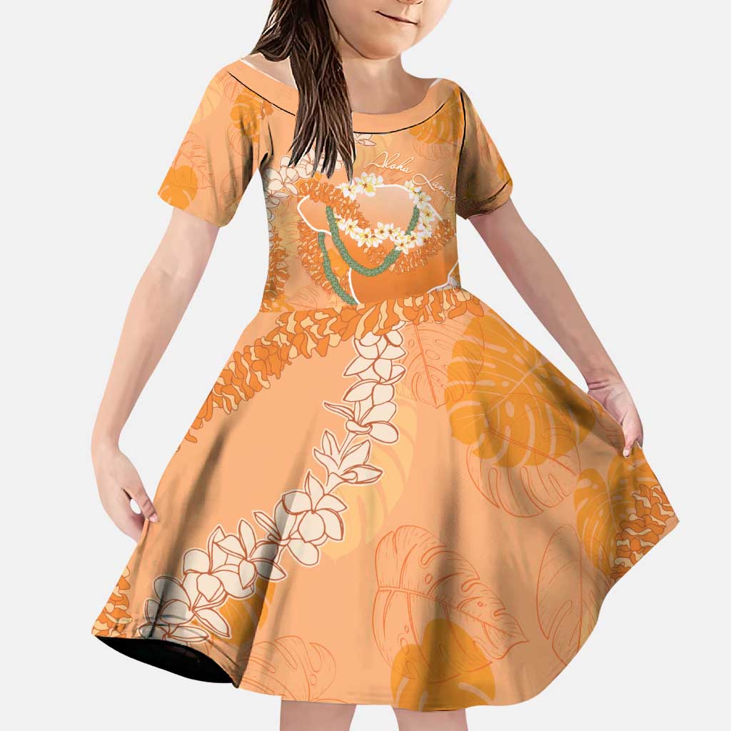 Hawaii Lanai Island Flowers Lei Family Matching Off Shoulder Maxi Dress and Hawaiian Shirt Orange Kaunaoa Mix Maile LT7 Daughter's Dress Orange - Polynesian Pride