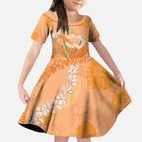 Hawaii Lanai Island Flowers Lei Family Matching Off Shoulder Maxi Dress and Hawaiian Shirt Orange Kaunaoa Mix Maile LT7 Daughter's Dress Orange - Polynesian Pride