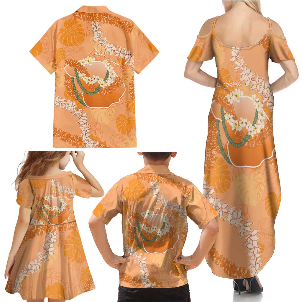 Hawaii Lanai Island Flowers Lei Family Matching Summer Maxi Dress and Hawaiian Shirt Orange Kaunaoa Mix Maile LT7 - Polynesian Pride