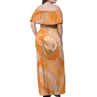 Hawaii Lanai Island Flowers Lei Off Shoulder Maxi Dress Orange Kaunaoa Mix Maile