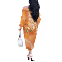 Hawaii Lanai Island Flowers Lei Off The Shoulder Long Sleeve Dress Orange Kaunaoa Mix Maile