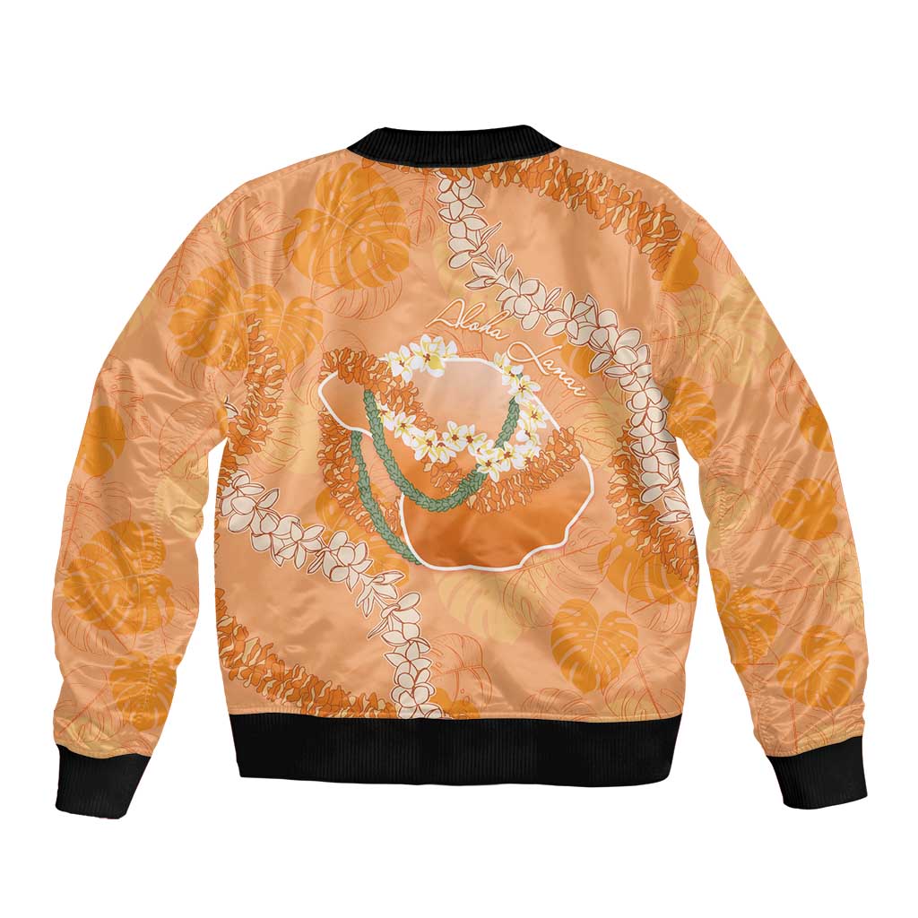 Hawaii Lanai Island Flowers Lei Sleeve Zip Bomber Jacket Orange Kaunaoa Mix Maile