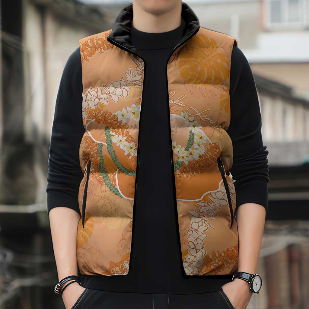 Hawaii Lanai Island Flowers Lei Sleeveless Puffer Jacket Orange Kaunaoa Mix Maile