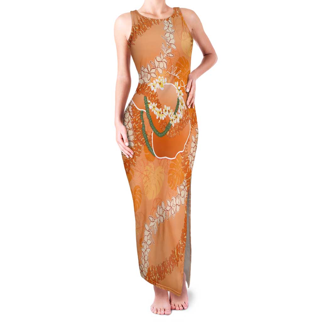 Hawaii Lanai Island Flowers Lei Tank Maxi Dress Orange Kaunaoa Mix Maile