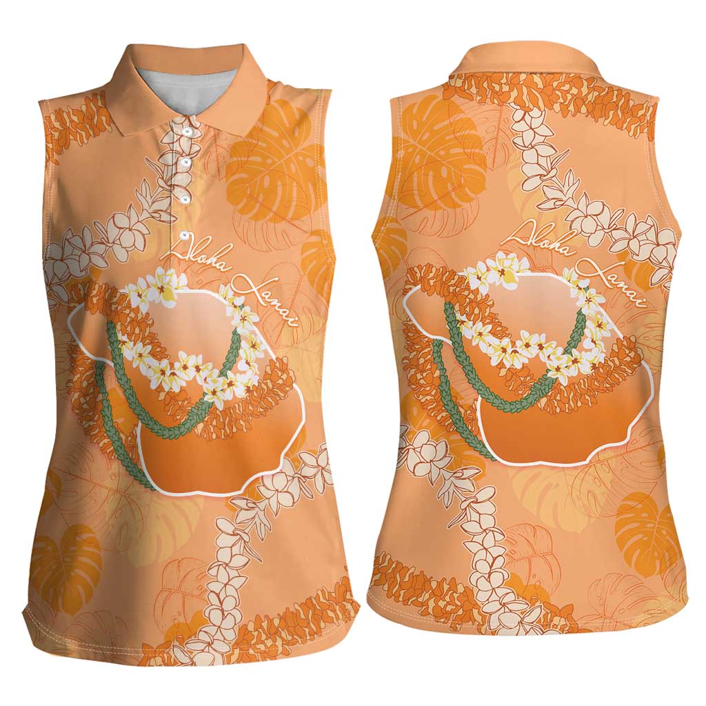 Hawaii Lanai Island Flowers Lei Women Sleeveless Polo Shirt Orange Kaunaoa Mix Maile LT7 - Polynesian Pride