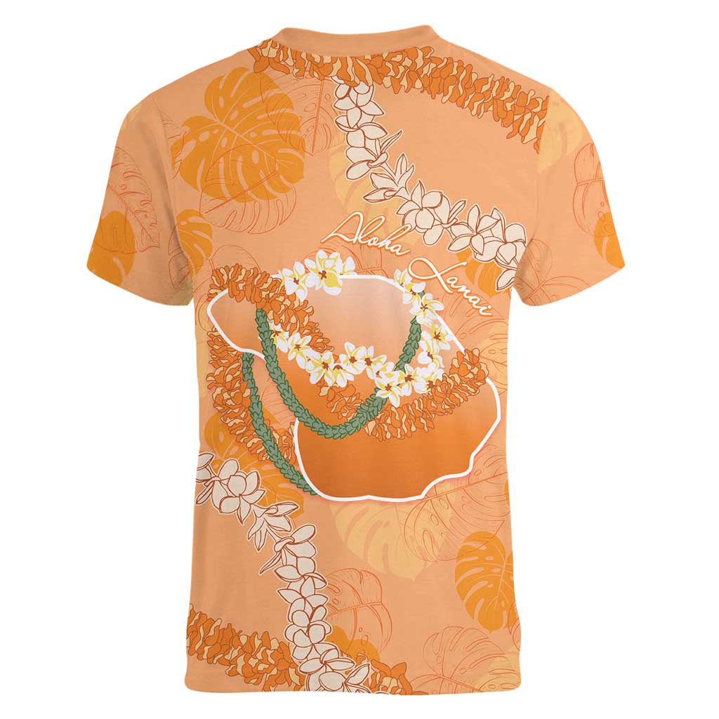 Hawaii Lanai Island Flowers Lei Women V-Neck T-Shirt Orange Kaunaoa Mix Maile LT7 - Polynesian Pride
