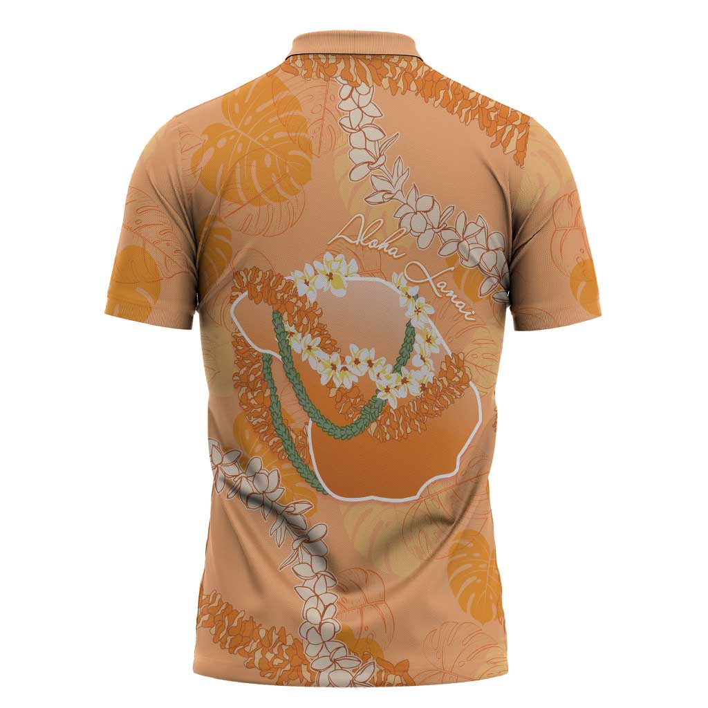 Hawaii Lanai Island Flowers Lei Zipper Polo Shirt Orange Kaunaoa Mix Maile