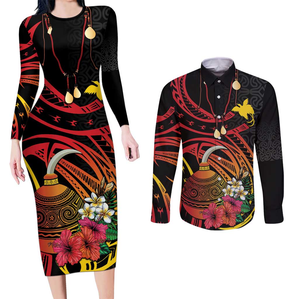 Personalized Milne Bay Couples Matching Long Sleeve Bodycon Dress and Long Sleeve Button Shirt PNG Lime Pot with Oro Tapa